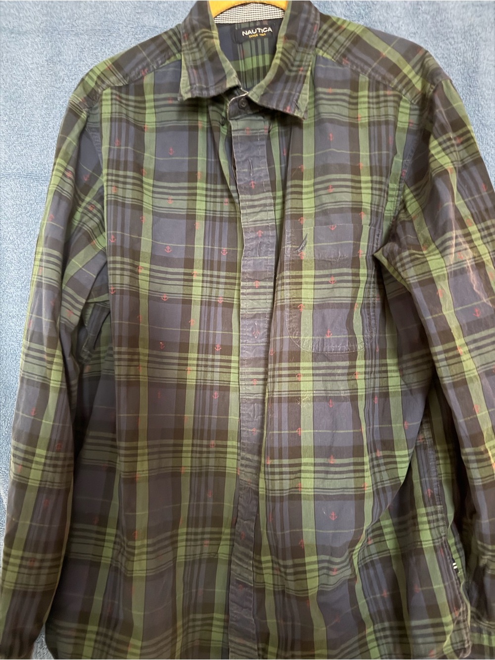 Nautica Green and Blue Plaid Long Sleeve Button-Up Shirt with Anchor Print